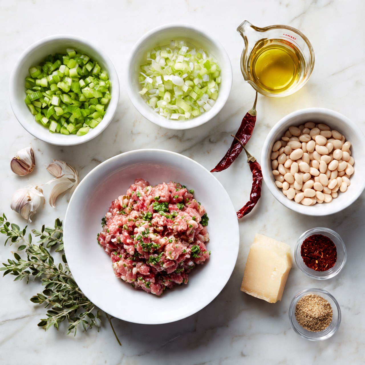 The image shows several white bowls and small containers arranged neatly on a white marbled surface. In the center front, a white plate holds a large mound of raw minced meat mixed with visible herbs and spices in red and green tones. Above it to the left, a white bowl filled with chopped green celery and onions, while the bowl next to it contains finely chopped white onions. To the right, another white bowl is full of pale beige beans. Next to the beans is a small block of light yellow cheese. Above the cheese is a clear glass measuring cup with a light golden liquid. Around these main items, there are sprigs of green herbs, a few garlic cloves, a whole dried red chili, some ground red spice in a clear container, and a small glass bowl of light olive oil. The composition is clean and organized with a bright, natural light. Photo taken with an iphone --ar 4:5 --v 7