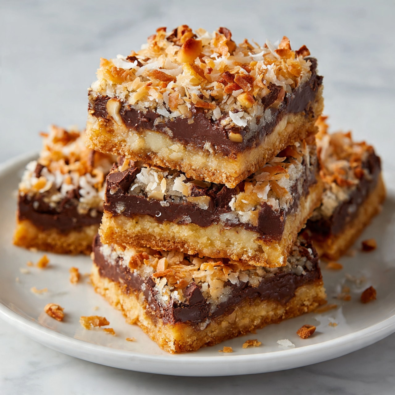 Three square dessert bars sit on a large white plate with a white marbled surface beneath. Each bar has three layers: a golden brown base layer that is firm and crumbly, a middle layer with darker brown chunks that look rich and gooey, and a top layer covered with toasted shredded coconut and small nut pieces in light beige and brown colors. Some toasted coconut flakes are scattered around the plate’s edge. In the background, more bars are softly out of focus. Photo taken with an iphone --ar 4:5 --v 7