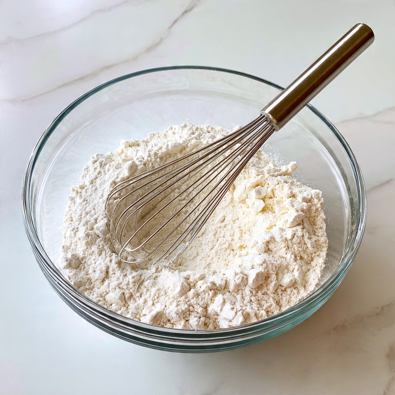 A clear glass bowl filled with a white powdery mix, likely flour, with some small clumps and granules visible. A metal whisk is placed inside the bowl, resting on top of the flour mixture. The bowl is set on a surface with a white marbled texture, giving a clean and simple look. photo taken with an iphone --ar 4:5 --v 7