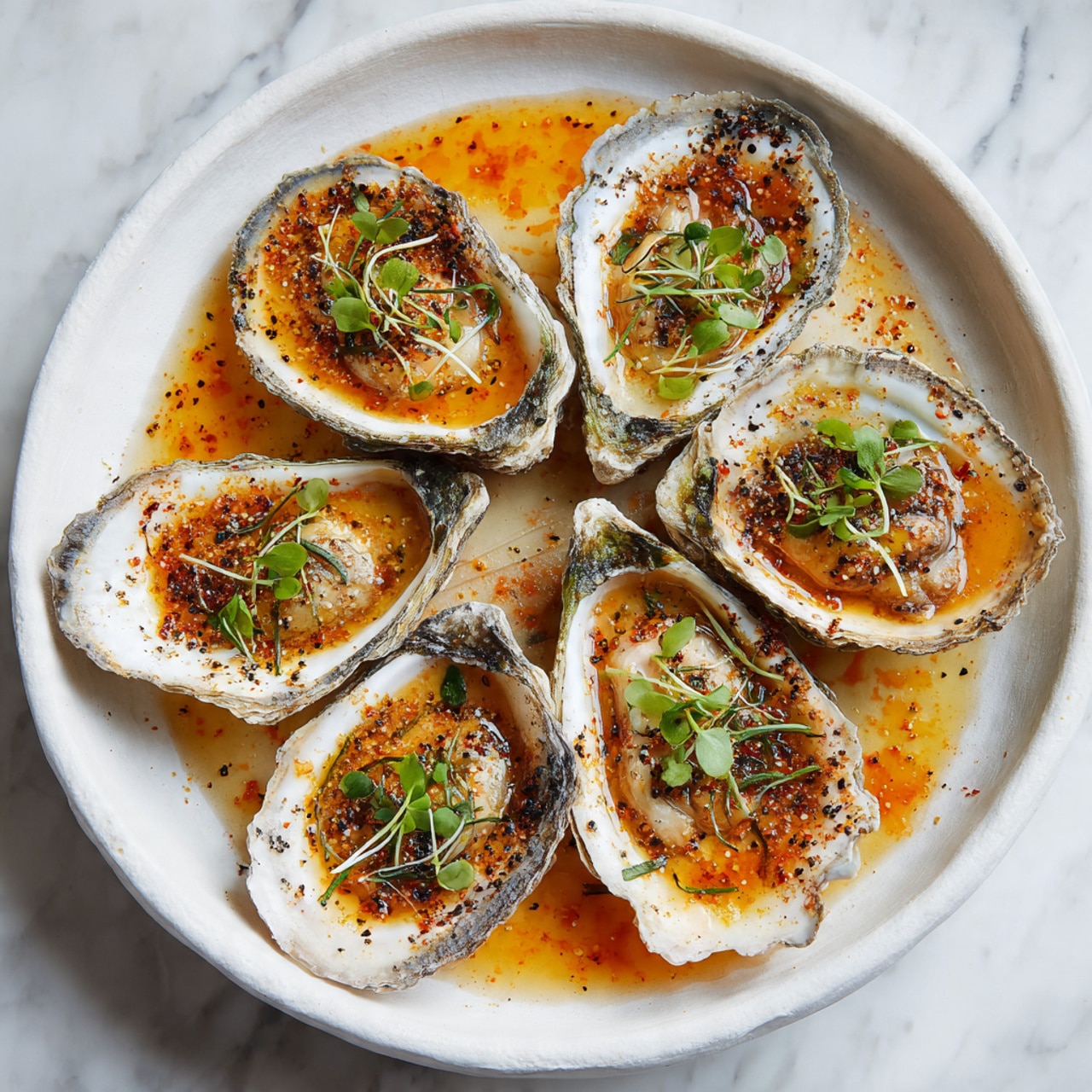 The image shows a white plate holding several oyster shells filled with cooked oysters. Each oyster shell has a rough, natural-textured edge with the soft oyster meat inside, resting in a shallow pool of orange-brown sauce. The oysters are topped with small green herb pieces and sprinkled with coarsely ground black pepper. The plate sits on a white marbled surface. photo taken with an iphone --ar 4:5 --v 7