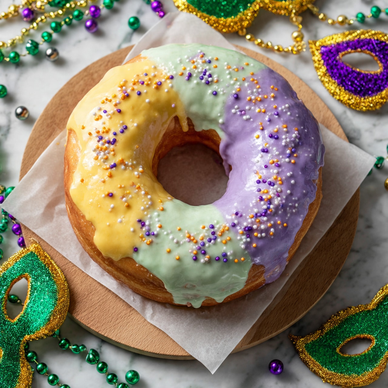 A round cake sits on a wooden board over a white marbled surface, with a slice cut out showing its inside. The cake has two layers of light brown dough with cinnamon swirls inside, and a thick creamy white filling in the middle. The top is covered with bright yellow icing decorated with small gold, purple, and pink sprinkles scattered over it. Colorful Mardi Gras beads in green, purple, and gold lie around the cake and the board, adding a festive touch. The focus is close up on the cake, capturing the soft texture of the dough and cream. Photo taken with an iphone --ar 4:5 --v 7