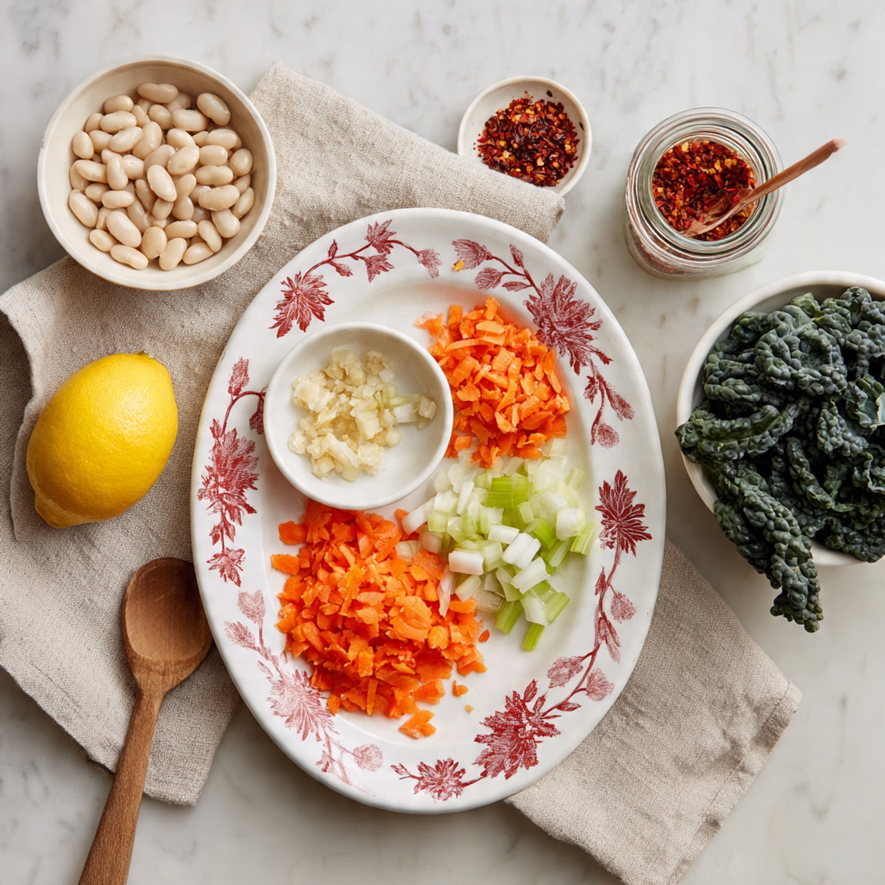 A white oval plate with a red leaf pattern holds finely chopped orange carrots in the top right, white onions below them, and light green celery to the bottom left. On the top center of the plate is a small white bowl with minced garlic. Next to the small bowl is a small jar filled with red chili flakes. A half lemon with a yellow peel and pale inside sits on the left side of the plate. To the left of the plate is a white bowl filled with white beans. A wooden spoon lies on a beige linen cloth, which is partly under the plate and extends toward the bottom left corner. On the right side, a white bowl contains dark green kale leaves. The entire setup is on a white marbled surface. photo taken with an iphone --ar 4:5 --v 7