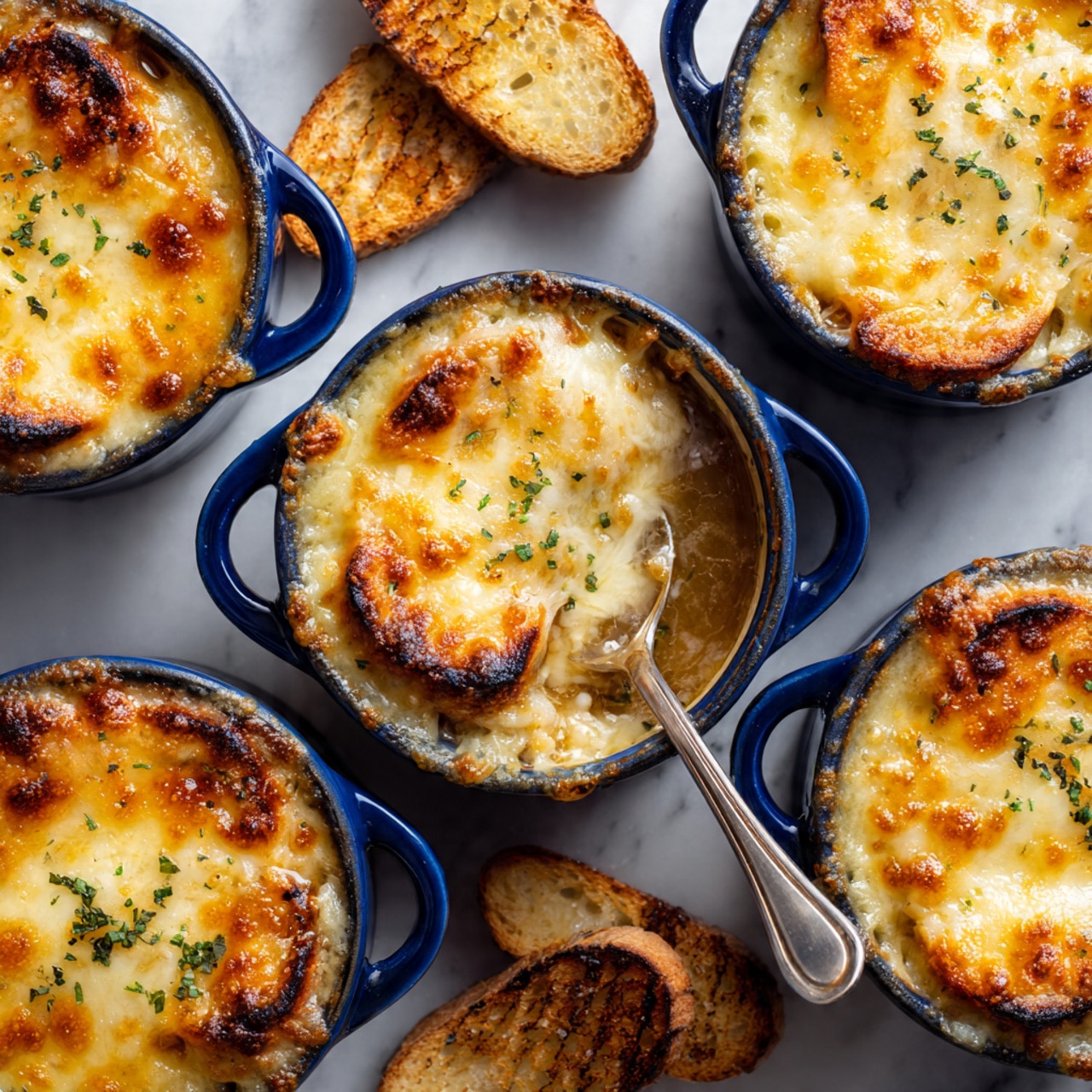 The image shows five individual blue pots filled with French onion soup, each pot topped with a thick, golden-brown melted cheese layer that bubbles and slightly spills over the edges. The cheese topping has various shades of yellow and orange, showing a crispy, toasted texture, sprinkled lightly with tiny green herbs. Some pots have chunks of toasted bread beneath the cheese, and in the center pot, a silver spoon is partially dipped into the soup, revealing a rich, deep brown broth with floating cheese. Around the pots are small pieces of toasted bread with golden-brown grill marks, all placed on a white marbled surface. photo taken with an iphone --ar 4:5 --v 7