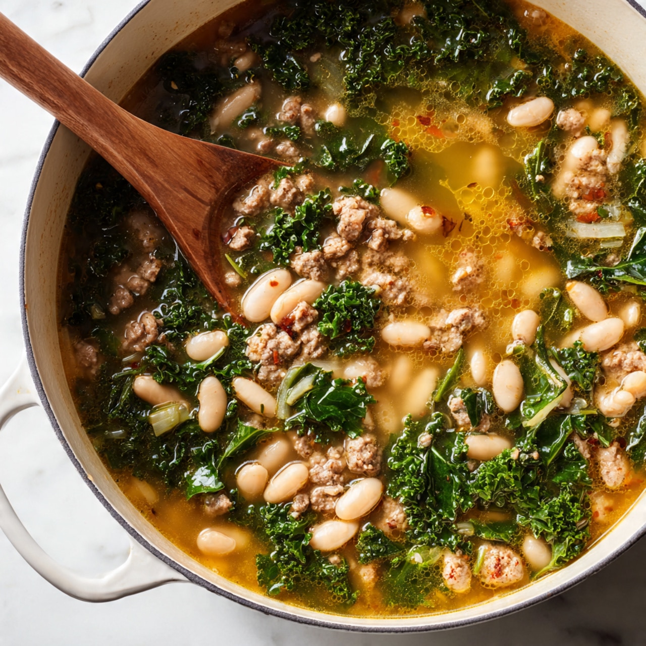 The image shows two white bowls filled with a clear soup that has several layers of ingredients. The top layer is light golden broth with small drops of oil reflecting light. Inside the soup, there are large white beans, dark green leafy spinach pieces, and chunks of light brown ground meat mixed throughout. The bowls sit on a white marbled surface, near a wedge of pale yellow hard cheese and a small bunch of fresh green herbs. Part of a large pot on a wooden board is visible in the top left corner, filled with the same soup. A red cloth is partly seen in the bottom right corner. photo taken with an iphone --ar 4:5 --v 7