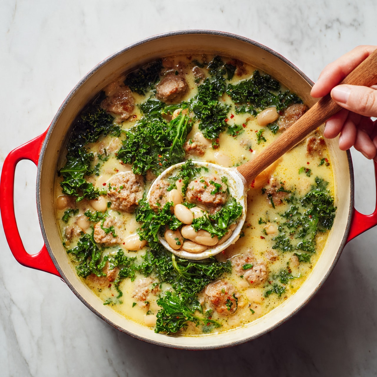 A creamy soup simmering in a red pot with a white inside, filled with small chunks of light brown sausage, bright green chopped kale, and whole white beans, all mixed in a rich, pale yellow broth. A woman's hand holds a wooden spoon with a white scoop, stirring the soup gently. The pot sits on a stove against a white marbled texture surface. photo taken with an iphone --ar 4:5 --v 7