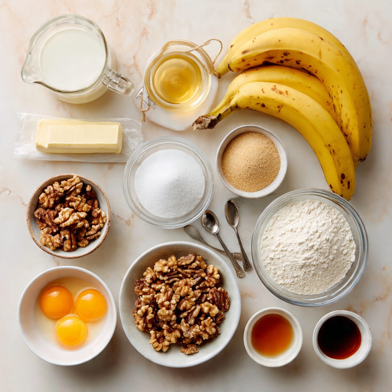 The image shows a flat lay of various baking ingredients arranged neatly on a white marbled surface. At the top center, three yellow bananas with small brown spots are placed next to a small white bowl filled with golden rum. To the left is a glass measuring cup with white buttermilk and a stick of butter wrapped in paper. Below the bananas, there are two clear glass bowls, one with white flour and the other with light brown sugar. Next to them, a small white bowl holds white sugar. At the bottom left, a white bowl contains two raw eggs with bright yellow yolks. Beside it, a clear bowl is filled with chopped walnuts. On the left side, four metal measuring spoons hold salt, cinnamon, baking powder, and baking soda, lined up vertically. At the bottom right, a small white cup contains amber-colored vanilla extract. The overall color palette is warm with yellow, brown, and white tones. photo taken with an iphone --ar 4:5 --v 7