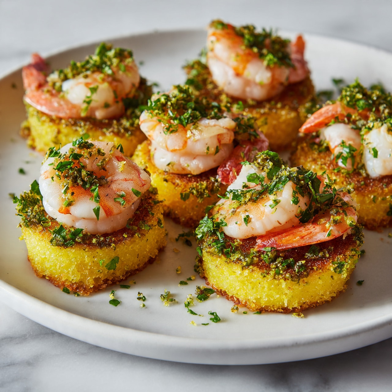 The image shows small round bites placed closely on a white plate, each with two layers. The bottom layer is a light golden yellow, crispy-textured base, about one inch thick. On top sits a cooked shrimp, pink with slight orange tones and some white areas, fitting neatly on each base. Both layers are sprinkled with finely chopped bright green herbs, which are scattered on the plate as well. The background features a white marbled texture, giving a clean and fresh look. Photo taken with an iphone --ar 4:5 --v 7