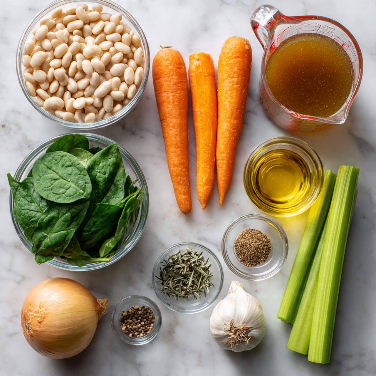 The image shows nine ingredients arranged neatly on a white marbled surface. On the left side, there are two clear glass bowls, one filled with white beans and the other with fresh green spinach leaves. In the middle, three whole orange carrots lay next to a glass measuring cup filled with brown broth. On the right side, from top to bottom, there is a small glass bowl containing four spices separated into parts: salt, black pepper, dried herbs, and green seasoning, two cloves of garlic, a small glass bottle of golden olive oil, a whole yellow onion, and three fresh green celery stalks. Photo taken with an iphone --ar 4:5 --v 7