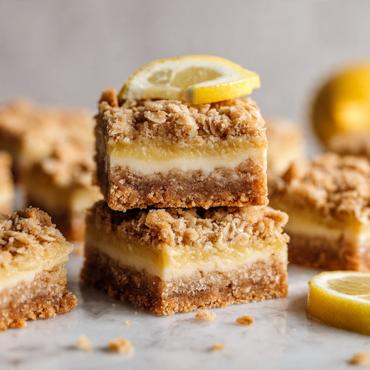 Two square crumble bars stacked on a white plate with a wedge of lemon on the side. Each bar has three visible layers: a brown crumbly base at the bottom, a thick creamy pale yellow middle layer, and a crumbly oat topping in golden brown. The plate is placed on a white marbled surface, and the background is softly blurred. Photo taken with an iphone --ar 4:5 --v 7