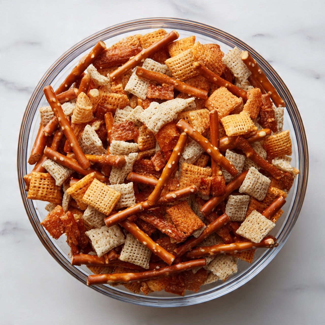 A clear glass bowl filled with a mix of snack pieces on a white marbled surface. The mix has three main layers: long thin brown pretzel sticks scattered throughout, small square orange crackers with a slightly rough texture on top, and small pale beige square cereal pieces with a waffle-like pattern underneath and mixed in. The snacks are evenly spread inside the bowl, showing a mix of orange, brown, and pale beige colors. photo taken with an iphone --ar 4:5 --v 7