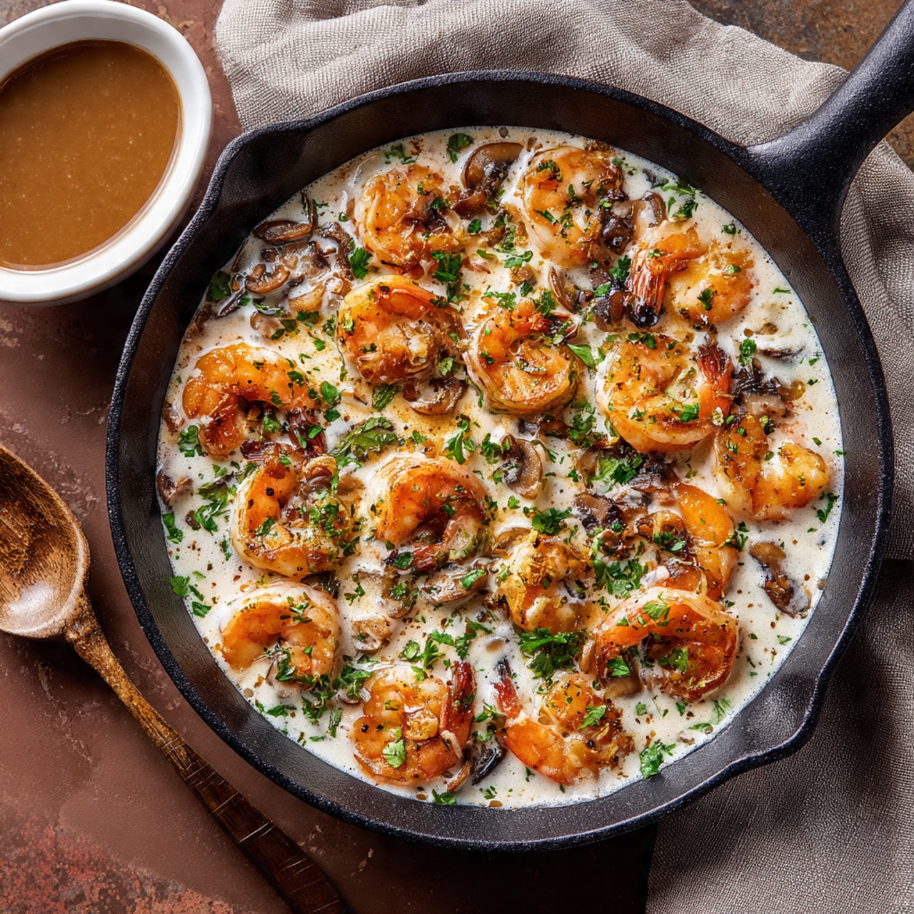 A black cast-iron pan filled with a creamy white base layer topped with small cooked shrimp that are orange-pink in color, sprinkled with chopped green herbs and bits of browned mushrooms layered mostly in the center. Beside the pan is a small white bowl filled with a thick, brown sauce. The pan and bowl sit on a rustic brown surface with a soft gray cloth folded in the background. Photo taken with an iphone --ar 4:5 --v 7