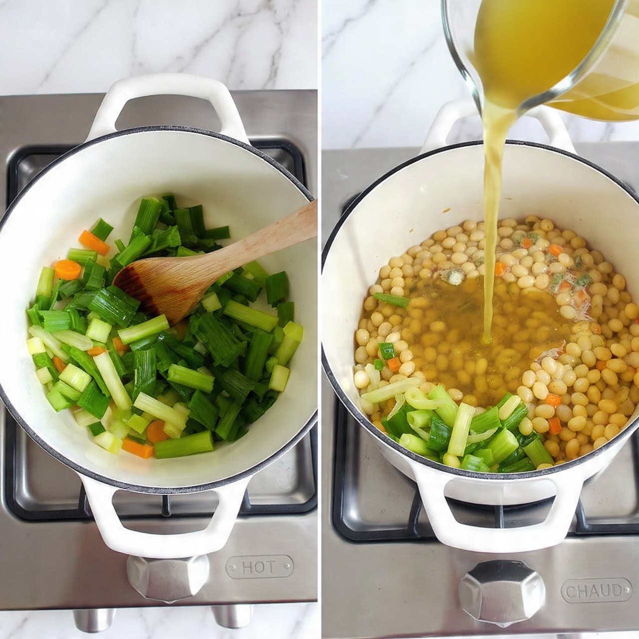 Two images side by side show a white pot on a metal stove with
