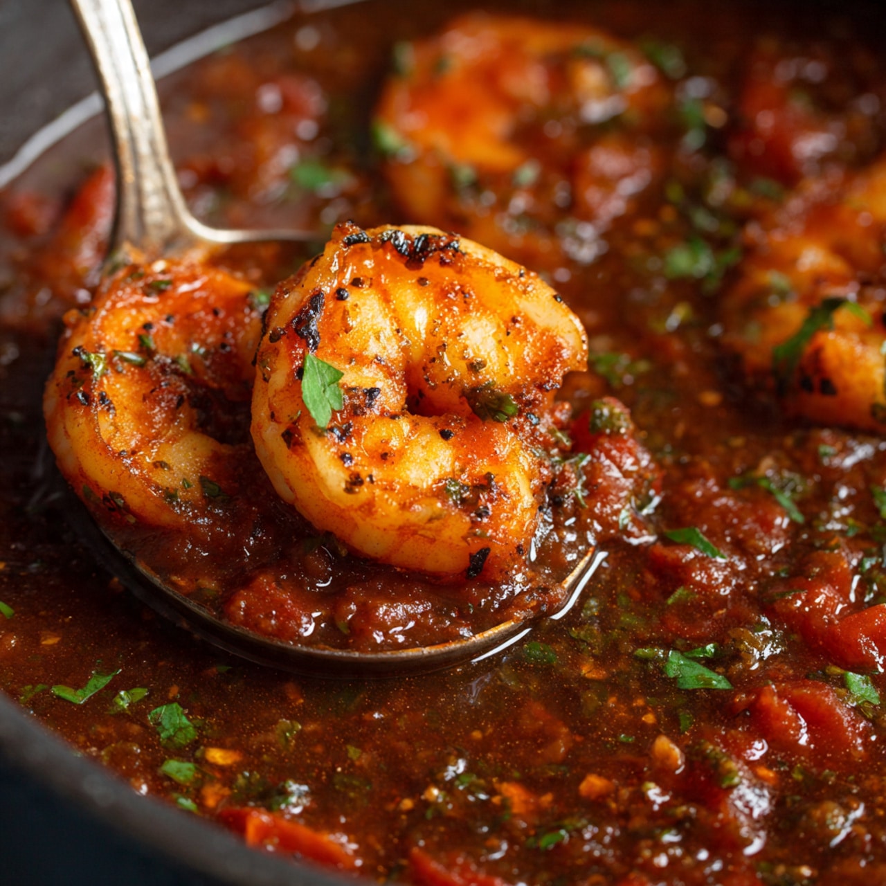 A close-up view of a ladle holding a thick, rich stew with two large cooked shrimp on top. The stew is deep reddish-brown, chunky with visible pieces of tomato and herbs, giving it a hearty, textured look. The shrimp are golden-orange with slight char marks, sitting in the middle of the ladle filled with the thick sauce. The background shows more of the stew inside a dark pot, with a white marbled texture softly visible in the out-of-focus areas. Photo taken with an iphone --ar 4:5 --v 7