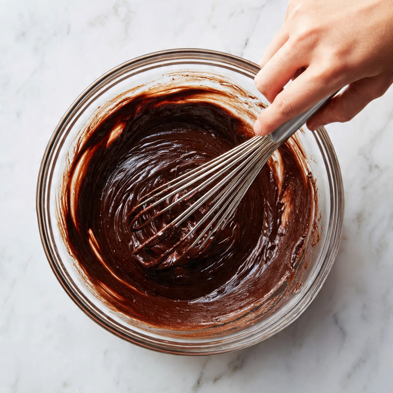 A clear glass bowl filled with thick, dark brown chocolate batter with a smooth, shiny texture. A metal whisk is inside the bowl, stirring the batter, with some batter coating the wires. The bowl sits on a white marbled surface, and a woman's hand is holding the whisk handle, visible at the top left corner of the image. Photo taken with an iphone --ar 4:5 --v 7
