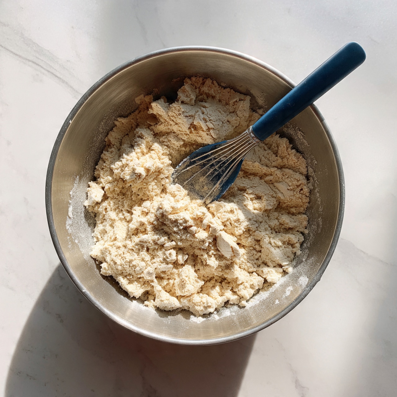A silver metal bowl filled with crumbly light beige dough mixture, showing a rough texture with small and medium clumps scattered throughout. Inside the bowl, on the right side, a blue spatula with a metal handle is partially buried in the dough. The background has a white marbled texture. photo taken with an iphone --ar 4:5 --v 7