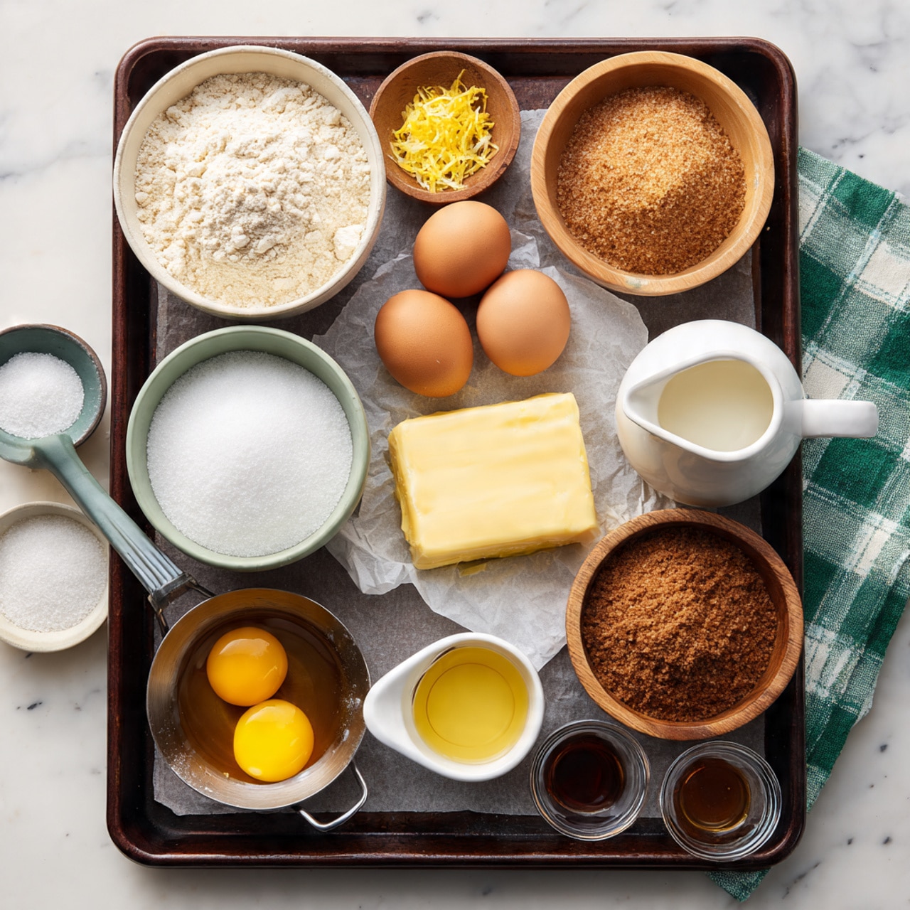 A dark brown baking tray holds an arrangement of ingredients for baking on a white marbled surface. In the bottom left corner, a white bowl filled with light tan bread flour sits next to a small white bowl of light brown granulated sugar at the top left. Moving inward, a small wooden dish with yellow lemon zest is next to two brown eggs placed in the center. Near the top right of the eggs, there is a small white pitcher of pale yellow lemon juice, and beside it, a white bowl filled with white powdered sugar. Below the powdered sugar, a small white bowl contains bright yellow egg yolk. Below that is a rectangular slab of yellow butter on white paper. To the left, a white bowl with medium brown packed brown sugar sits beside a wooden bowl of fine brown cinnamon powder. In the middle bottom, a small metal pan holds shiny melted butter in golden yellow. Around these, various small white bowls hold white kosher salt, a light tan instant yeast, two small glass bowls of vanilla extract (brown liquid), and a small glass bowl of white whole milk. The baking tray is on a white marbled surface with a green and white checked cloth on the top right. photo taken with an iphone --ar 4:5 --v 7