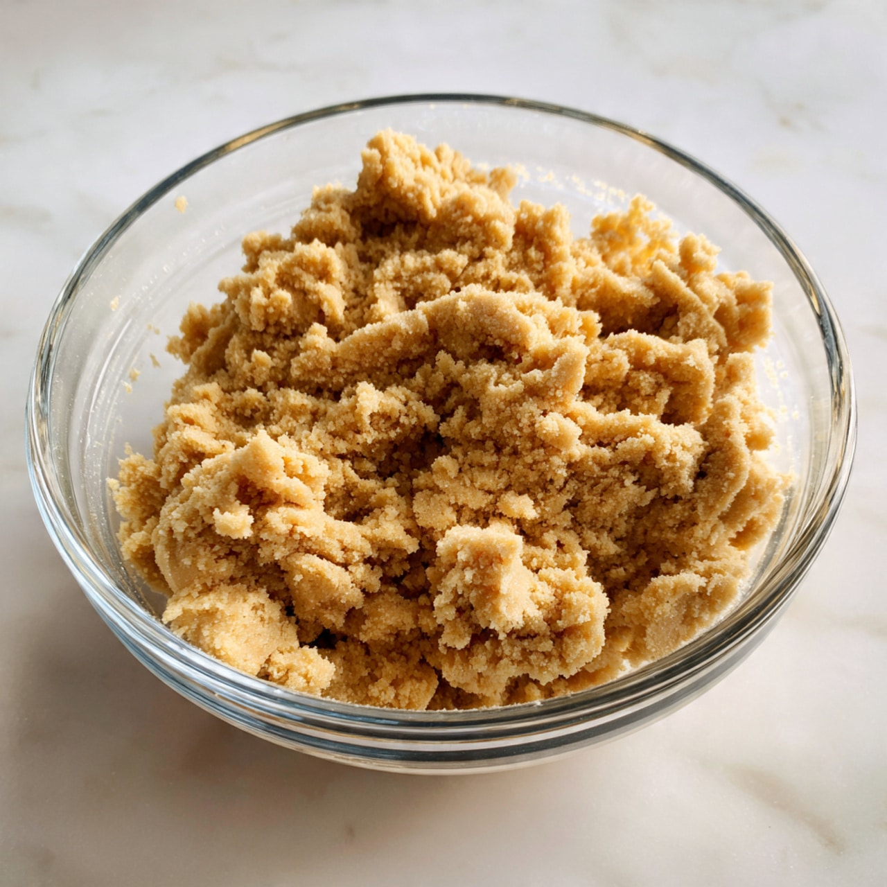 A clear glass bowl filled with light brown, crumbly dough mixture that looks slightly grainy and soft, resting on a white marbled surface; the texture shows small clumps but is moist enough to hold together, filling about half of the bowl's depth, with soft shadows under the bowl. photo taken with an iphone --ar 4:5 --v 7