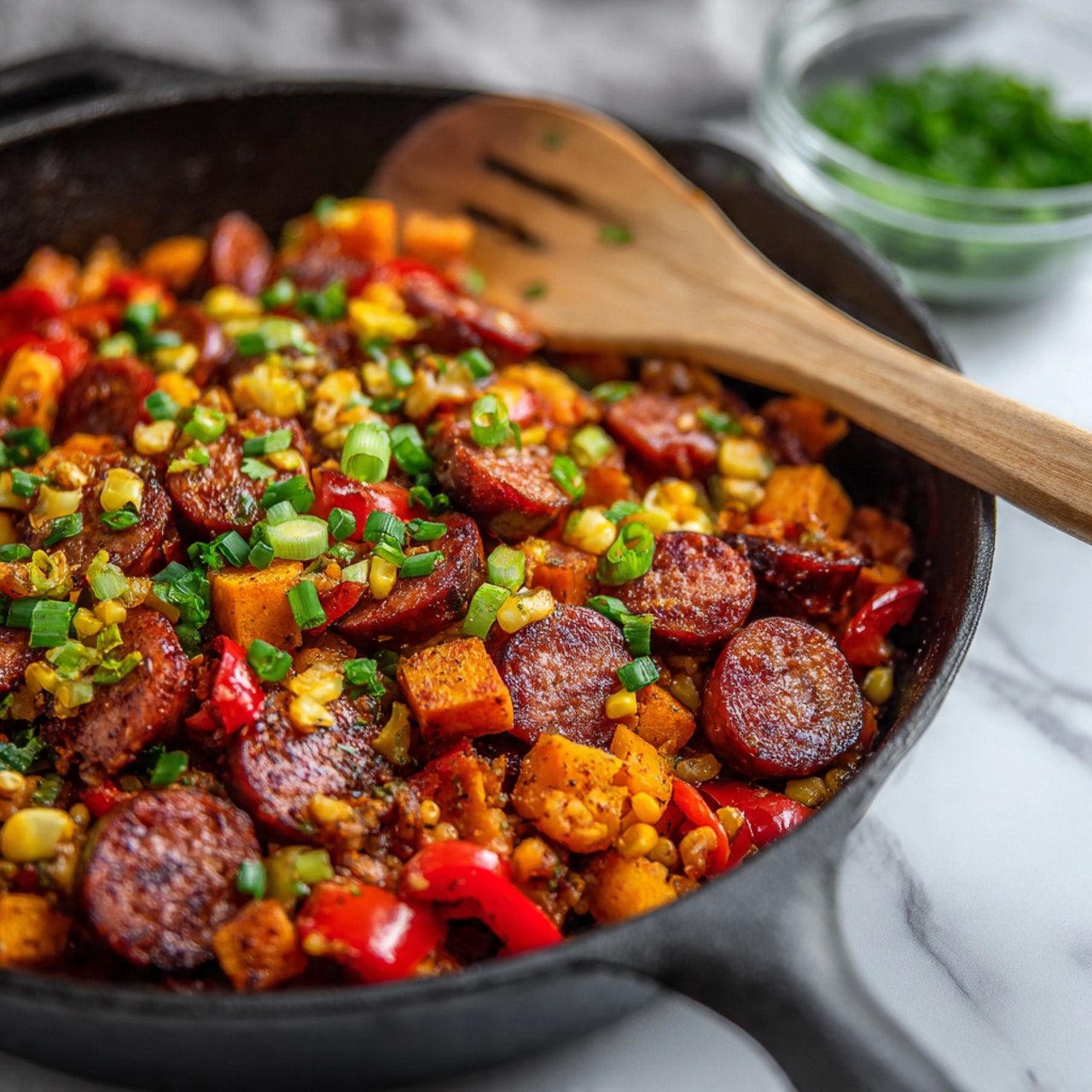 A close-up view of a black cast iron pan filled with sliced sausage rounds in a deep brown red color, mixed with small orange cubes of sweet potato, bright red bell pepper strips, yellow corn kernels, and chopped green onions scattered on top. The mixture is stirred with a light wooden spatula placed on the right side in the pan. The pan rests on a white marbled surface with a small glass bowl filled with green herbs blurred in the background. Photo taken with an iphone --ar 4:5 --v 7