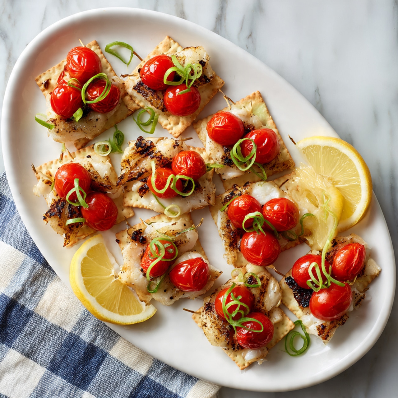 The image shows a white oval plate with eleven small square crackers evenly spaced on it. Each cracker is topped with a bright red cherry tomato slice, followed by a piece of grilled white fish with a slightly charred surface. On top of each fish piece, there are delicate green onion curls held together by small decorative picks. The plate also includes two lemon wedges placed near the edge as garnish. The whole presentation is set on a white marbled surface with a checkered cloth partially visible on the side. Photo taken with an iphone --ar 4:5 --v 7