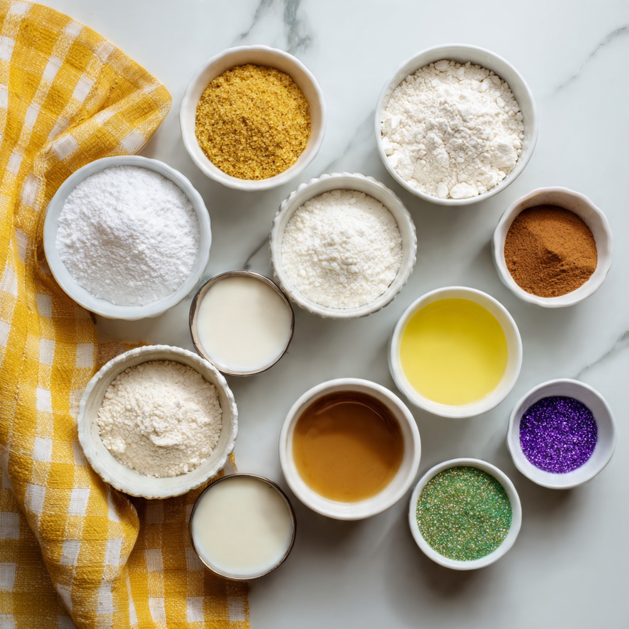 The image shows eleven small white bowls and containers arranged neatly on a white marbled surface with a yellow checkered cloth partially visible on the left side. The bowls hold different ingredients: one with white powdered sugar, one with brown sugar, one with white flour, one with yellow liquid (likely oil), one with white granulated sugar, one with a creamy milk-like liquid, one with brown liquid (likely vanilla extract), one with white powder (probably baking powder), and one with cinnamon powder. Alongside these bowls, there are three small white containers of colored sanding sugar in gold, purple, and green. The setup is clean and organized, with the bowls viewed from above. Photo taken with an iphone --ar 4:5 --v 7