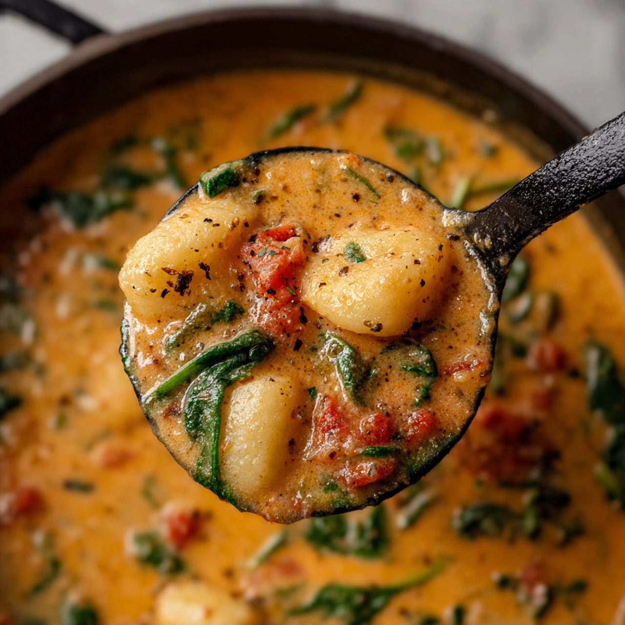 The image shows a close-up of a black ladle holding a thick soup with three visible layers: a creamy orange sauce base, chunks of white gnocchi with a smooth texture, and small pieces of red tomato and green spinach leaves mixed throughout, creating a rich, hearty look. The ladle is over a dark pot filled with more of the same soup. The background is a white marbled texture. Photo taken with an iphone --ar 4:5 --v 7
