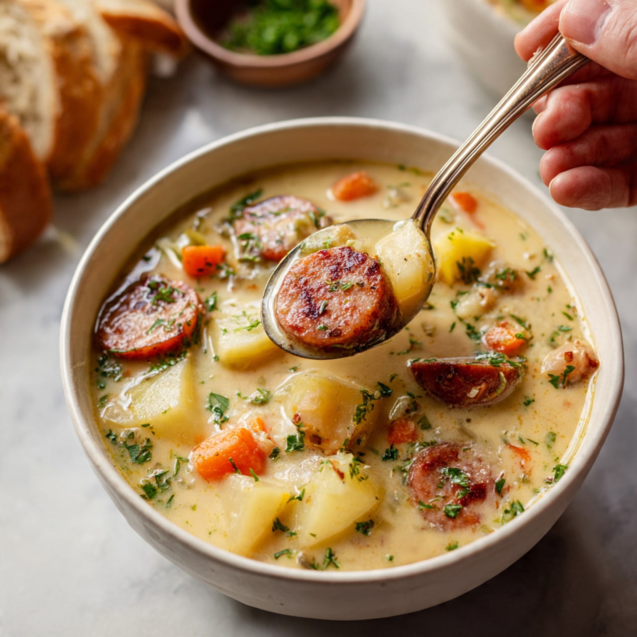 A close-up of a white bowl filled with a hearty stew, showing about three layers: the bottom layer is a creamy, light beige broth, the middle layer contains chunky pale yellow potato pieces and slices of browned sausage with a deep reddish-brown color, and the top layer has small bits of orange carrot and green herbs sprinkled around. A woman’s hand is holding a ladle scooping the stew, revealing the thick texture of potatoes, sausage, carrots, and onions in the broth. The background is a white marbled surface with another bowl and some bread slightly blurred. photo taken with an iphone --ar 4:5 --v 7
