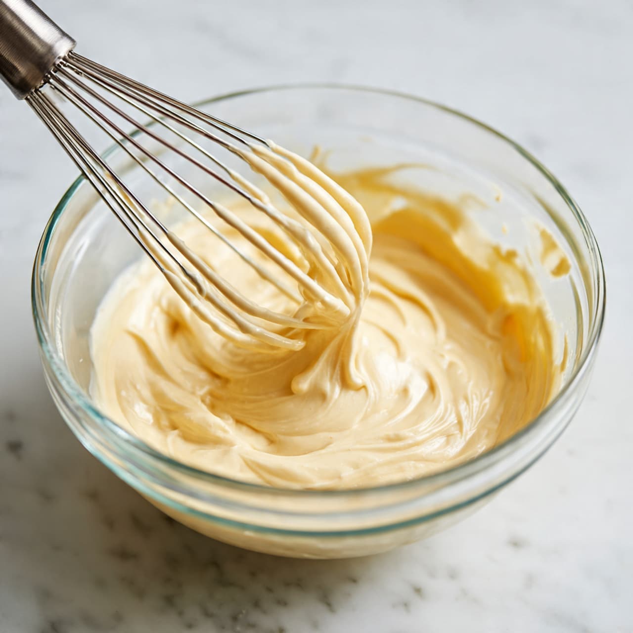 A close-up image showing a glass bowl on a white marbled surface, filled with a creamy, pale yellow mixture being beaten by a metal electric whisk with two visible beaters. The mixture has a smooth, slightly fluffy texture with soft peaks and gentle swirls forming around the beaters as they move through it. The lighting highlights the glossy, moist look of the mixture inside the clear bowl photo taken with an iphone --ar 4:5 --v 7