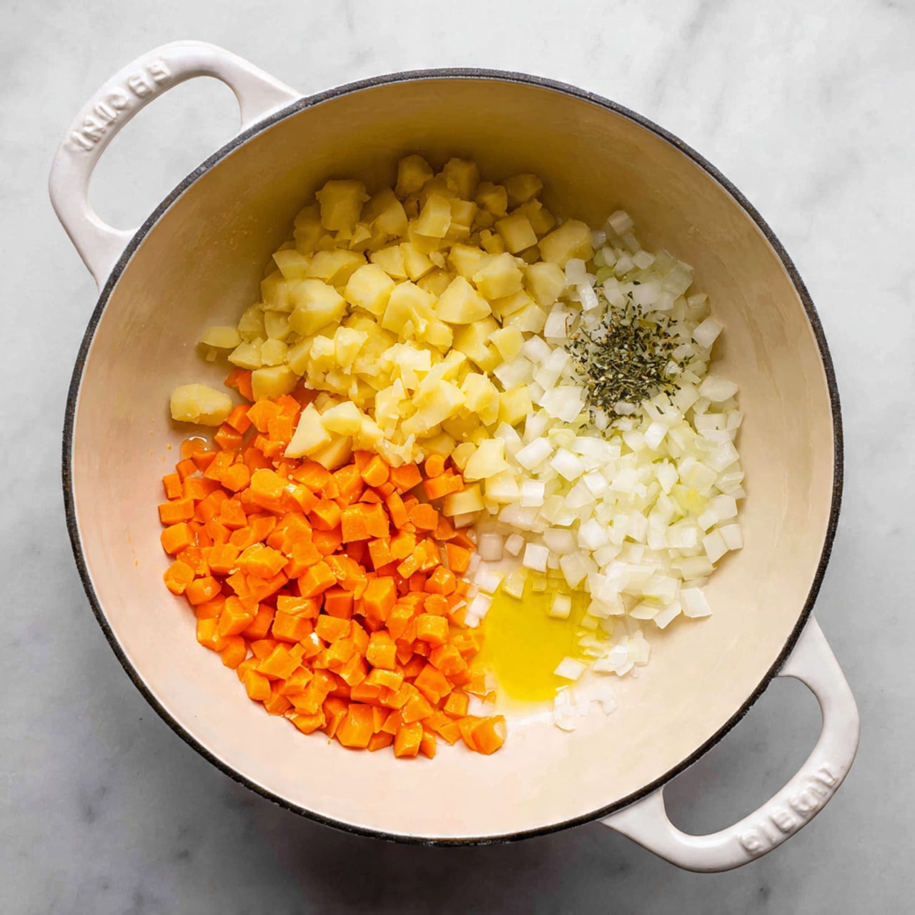 A white pot sits on a white marbled surface, containing four different groups of ingredients placed separately inside. On the left side, there are small light yellow potato cubes. Below them, there are diced orange carrots. To the right of the carrots, finely chopped white onions are placed. On the right side, a small pool of light yellow oil is gathered, creating a shiny spot inside the pot. The colors contrast well against the smooth cream interior of the pot. Photo taken with an iphone --ar 4:5 --v 7