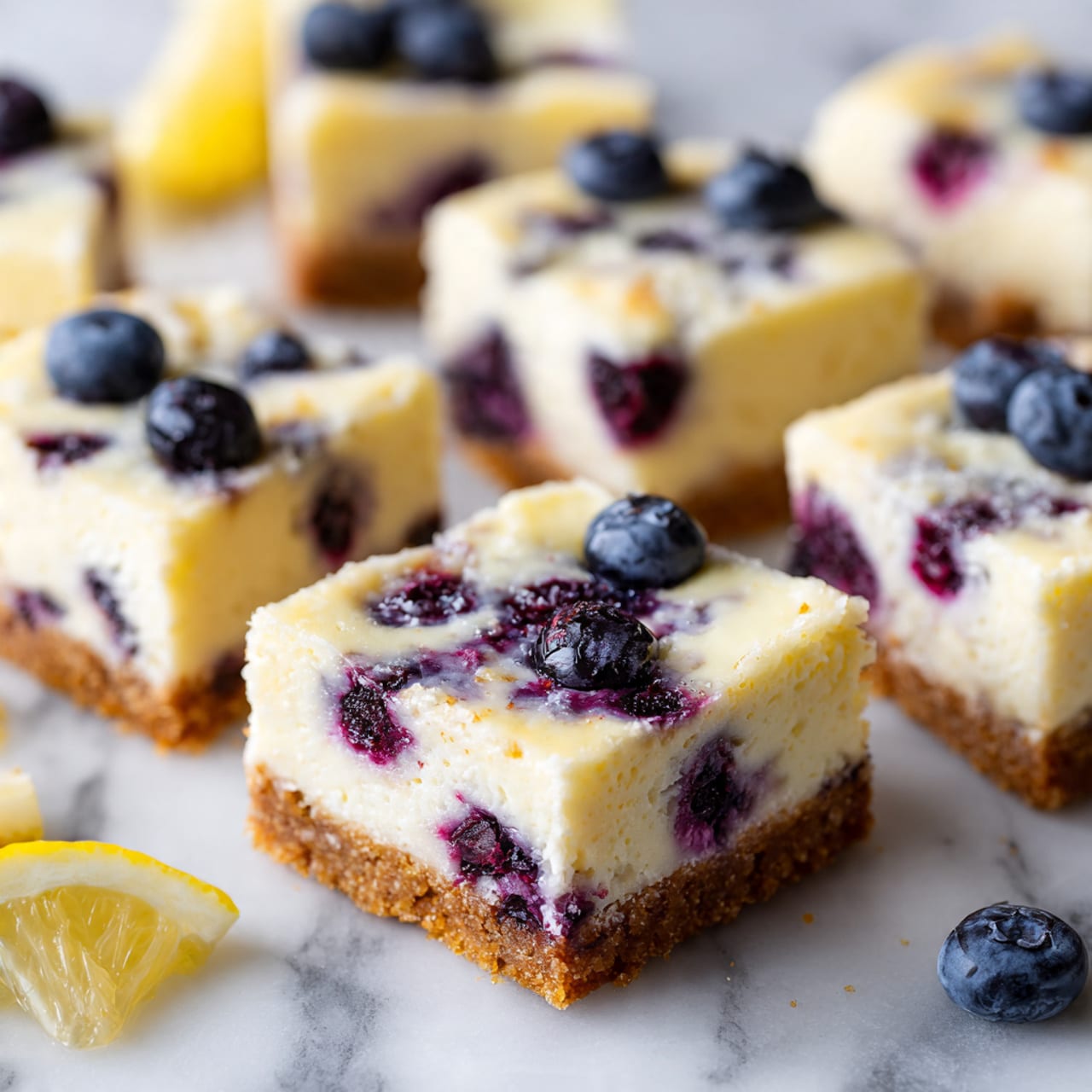 This image shows two square pieces of blueberry cheesecake stacked on a white plate with a marbled texture background. Each cheesecake piece has three visible layers: a bottom golden-brown crumbly crust, a thick middle layer of creamy white cheesecake with purple blueberry spots baked inside, and a thin top layer of creamy white cheesecake with a slightly rough texture. The top piece has a fresh deep blue blueberry placed on top. The surface under the plate is wooden and blurred out in the background. photo taken with an iphone --ar 4:5 --v 7