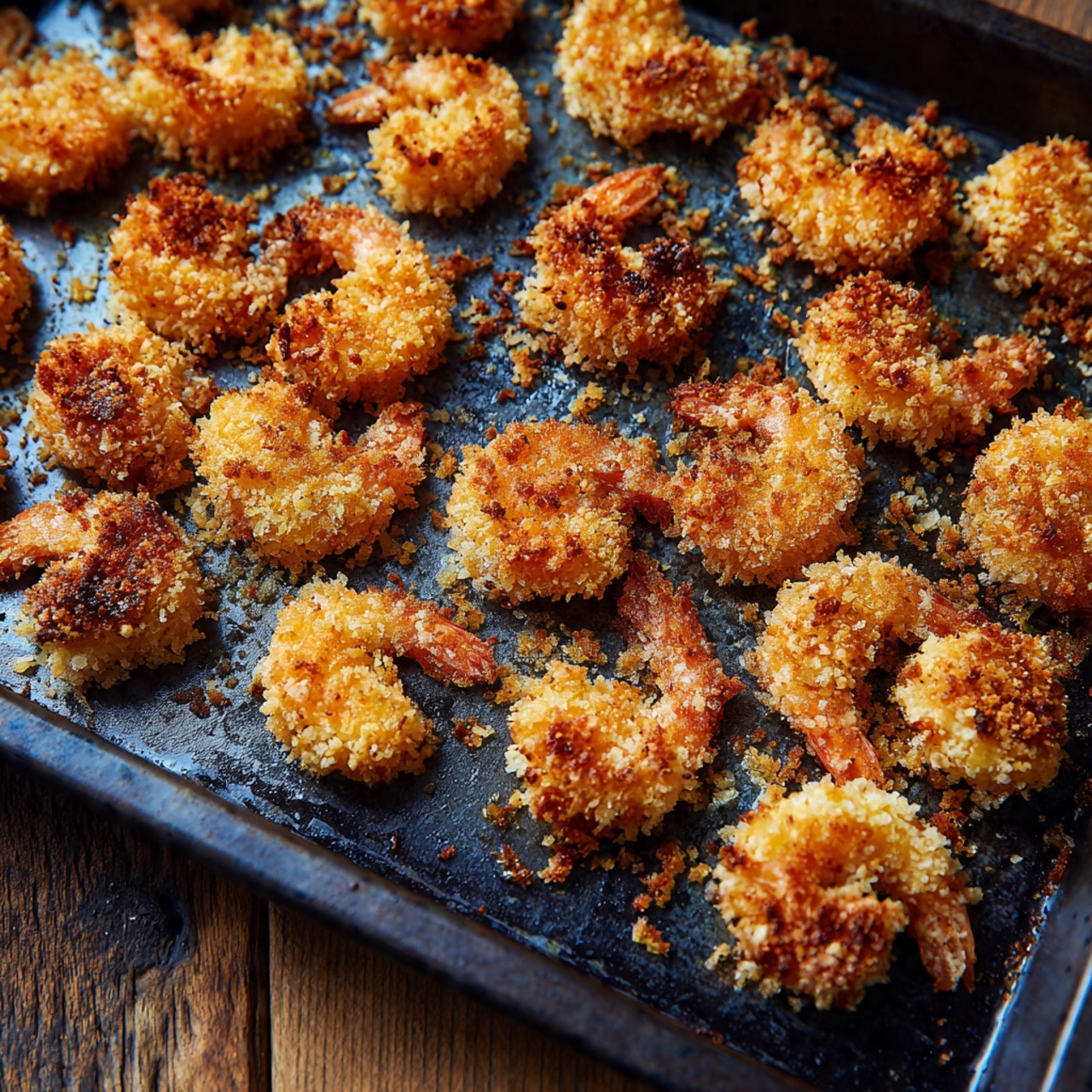 A dark baking tray filled with small, golden-brown, breaded shrimp pieces scattered across it. Each shrimp has a light, crumbly texture with some darker toasted spots, showing a crispy coating. The tray rests on a wooden surface that contrasts with the warm colors of the shrimp. The image focuses closely on the shrimp, highlighting their irregular shapes and crunchy appearance. photo taken with an iphone --ar 4:5 --v 7