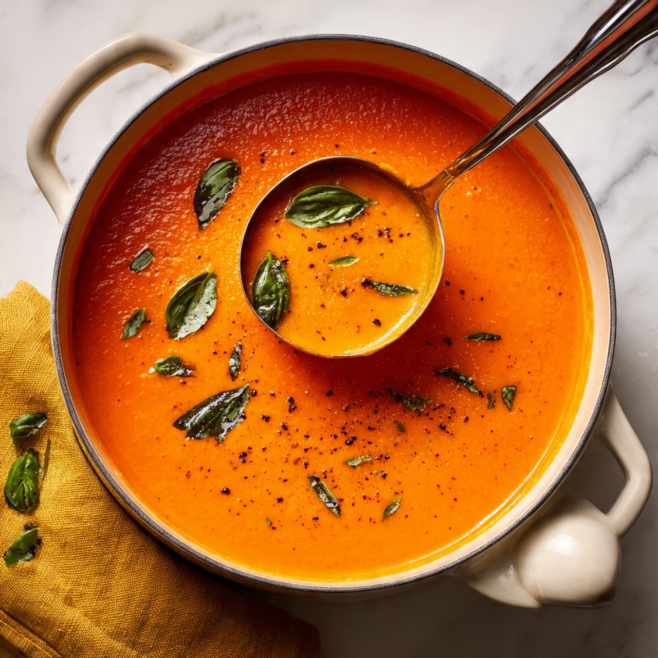 A large white pot filled with smooth, bright orange tomato soup that has a slightly thick texture. The soup surface is sprinkled with small black pepper dots and decorated with fresh green basil leaves spread on top. A shiny silver ladle is lifting some soup with two basil leaves visible inside the ladle. The pot handle rests on a white marbled surface with a mustard yellow cloth nearby and some loose basil leaves on the left side. photo taken with an iphone --ar 4:5 --v 7