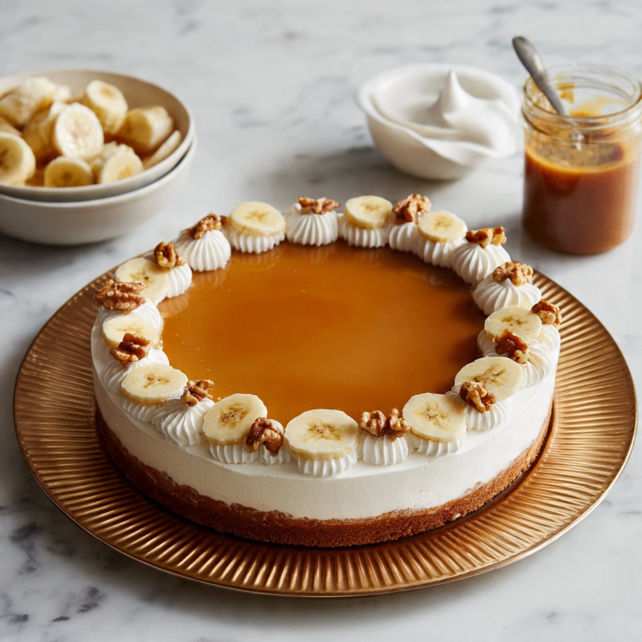 A round cake sits on a white marbled surface, placed on a large golden ridged plate. The cake has a smooth, shiny caramel layer covering the top center, surrounded by a ring of white cream swirls evenly spaced around the edge. Between each swirl, there are small walnut pieces and slices of dried banana, creating a neat and decorative border. Near the plate, there is a white bowl filled with more banana slices, a glass jar with caramel sauce and a spoon inside, and a white piping bag with cream inside, all resting on the white marbled surface. Photo taken with an iphone --ar 4:5 --v 7