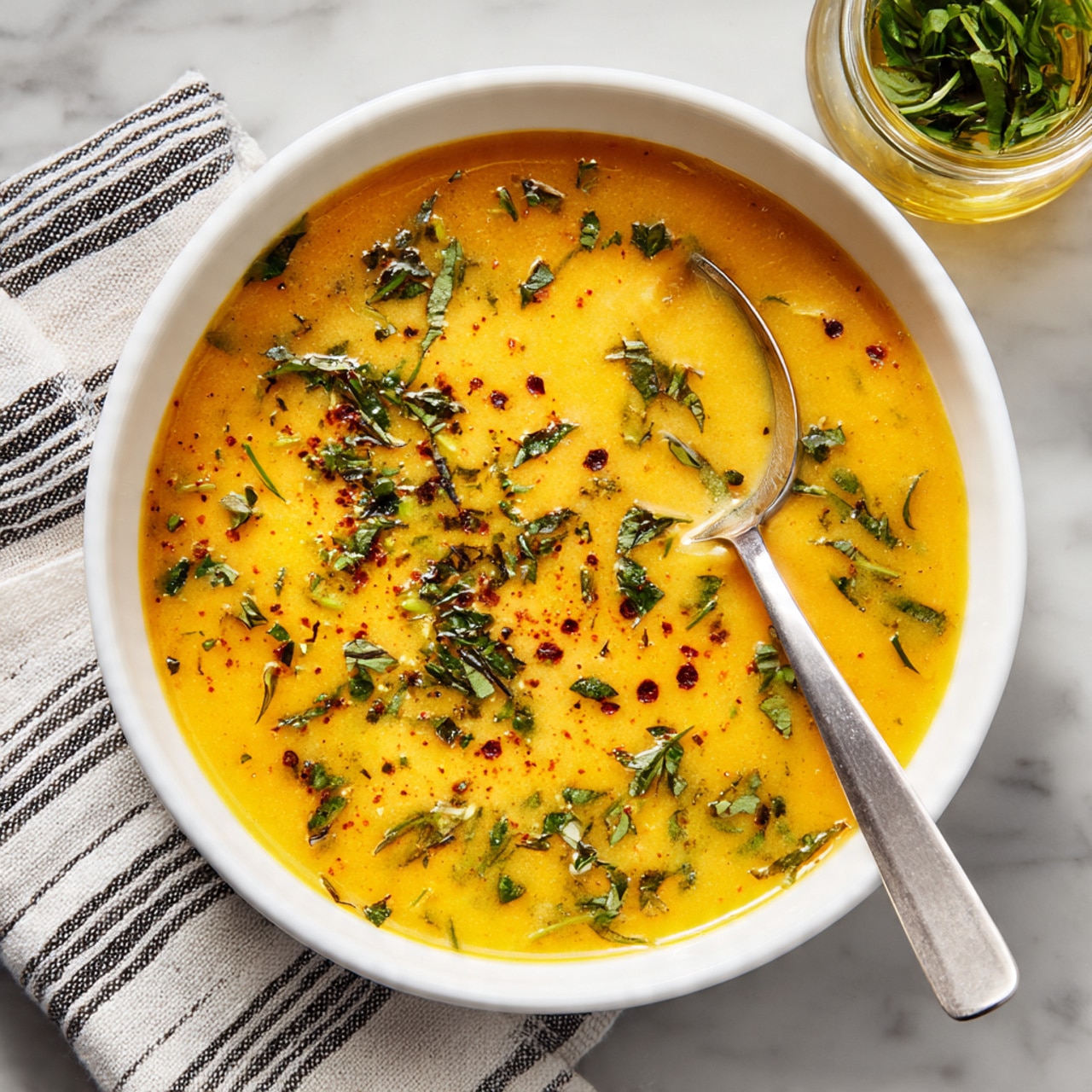 A close-up view of a white bowl filled with thick, brown soup containing visible chunks of orange carrot and light yellow potato pieces, with a hint of translucent onion bits. The soup is being blended by a white and stainless steel immersion blender placed in the center, creating some motion and small bubbles on the soup's surface. The bowl is placed on a white marbled surface with a black and white striped cloth partially visible in the background. The inside rim of the bowl shows slight soup stains. Photo taken with an iphone --ar 4:5 --v 7
