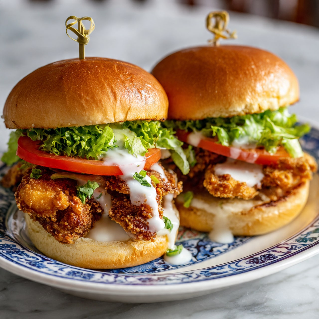 Two small sandwiches sit on a white plate with a blue and white patterned design. Each sandwich has a soft, brown bun on top and bottom with a toothpick holding them together. Inside, there are golden crispy fried pieces of chicken layered above fresh green lettuce and a slice of tomato. White sauce drips slightly over the chicken in the front sandwich. The plate is on a white marbled surface. Photo taken with an iphone --ar 4:5 --v 7
