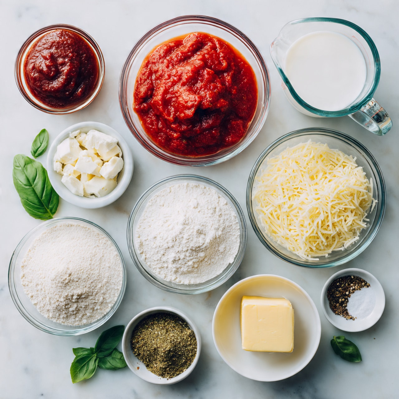 A group of clear glass bowls and a white bowl is arranged on a white marbled surface, each filled with different cooking ingredients. From top left to right, a small clear bowl holds thick, dark red tomato paste, next to it is a large clear bowl filled with crushed tomatoes showing a deep red color and smooth texture. To the right is a clear glass measuring cup filled with white milk. Below the tomato paste is a small clear bowl of white flour, beside it a small clear bowl with white sugar. Next to sugar is a small clear bowl holding a solid piece of pale yellow butter. To the right of butter is a medium clear bowl filled with pale yellow grated parmesan cheese. Next to parmesan is a small white bowl containing minced garlic that is a light yellow color. A small white bowl next to garlic holds a mix of salt and black pepper, showing white and dark specks. In the bottom row, a small clear bowl contains green pesto, beside it is a small white bowl with Italian seasoning that looks like dried green and brown leaves. Near the bowls are a few fresh green basil leaves. The layout is neat, with a clean and simple aesthetic. photo taken with an iphone --ar 4:5 --v 7
