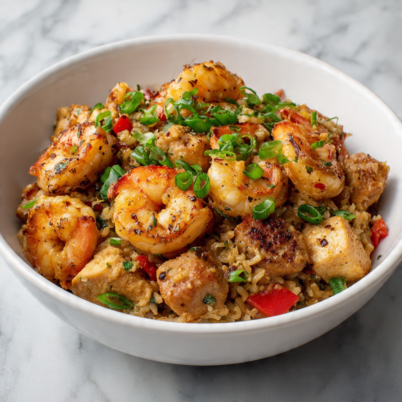 The image shows a white bowl filled with a mixed dish featuring several large, bright orange cooked shrimp with a slightly shiny, seasoned surface. The shrimp are mixed with pieces of browned meat and a grainy, textured base that looks like cooked rice or a similar grain, giving the dish a warm, earthy color with hints of green herbs sprinkled throughout. Small green onion slices are scattered on top, adding vivid green accents. The bowl is placed on a white marbled surface, enhancing the colors of the food. photo taken with an iphone --ar 4:5 --v 7