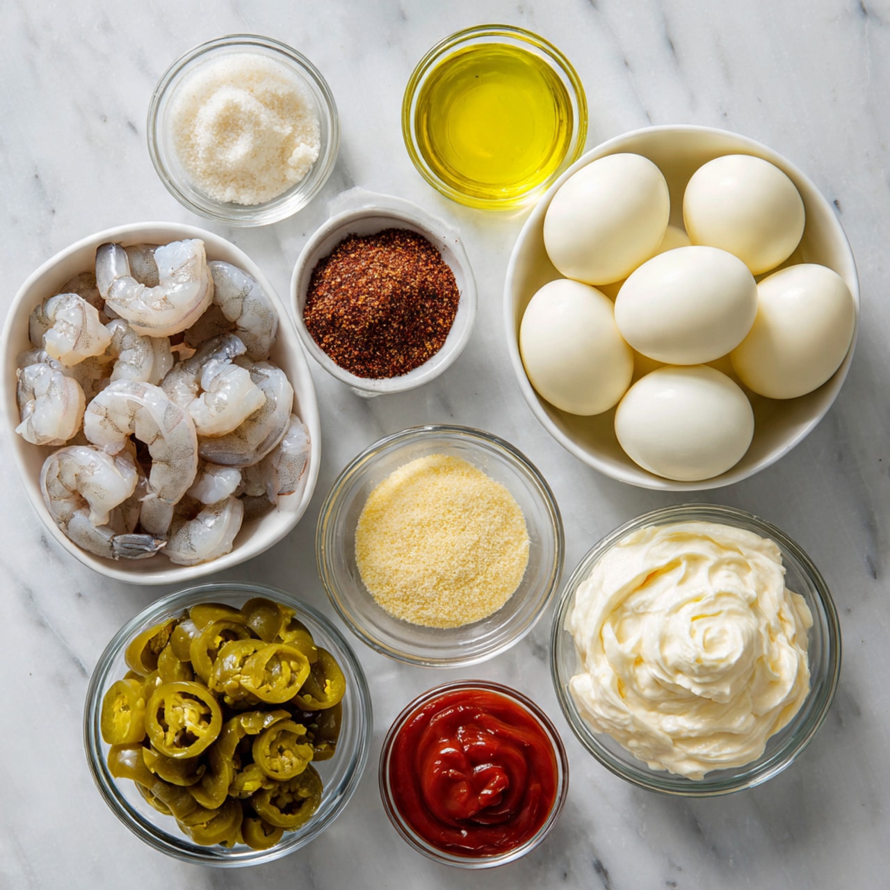 A collection of ingredients arranged neatly on a white marbled surface includes a black bowl on the top right filled with ten smooth peeled boiled eggs, arranged in a circular pattern. Below and to the left, a white bowl holds peeled and deveined shrimp, their pale pink and grey shells visible. Surrounding these main ingredients are smaller clear glass bowls: one with yellow olive oil, another containing granulated white sugar, one with a mound of brownish-red Cajun seasoning, a small bowl with golden yellow dijon mustard, and a bowl with bright red hot sauce. At the bottom left, a white bowl holds sliced green pickled jalapenos, and to the right, a white bowl contains off-white creamy mayonnaise, thick in texture. The clean layout and color contrasts highlight the raw ingredients for a dish, photo taken with an iphone --ar 4:5 --v 7