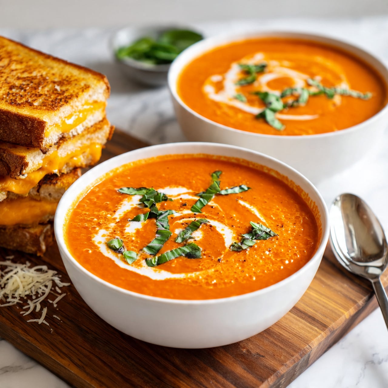 A white pot with two handles is filled with smooth bright orange tomato soup, with a wooden spoon resting inside, partially dipped into the soup showing its thick texture. The pot is set on a dark wooden surface. In the upper right corner, there is a white bowl full of white rice, next to some fresh green basil leaves and a few small red tomatoes scattered around, all on the same dark wood surface. The scene is simple and cozy, with a warm, rich color palette. Photo taken with an iphone --ar 4:5 --v 7