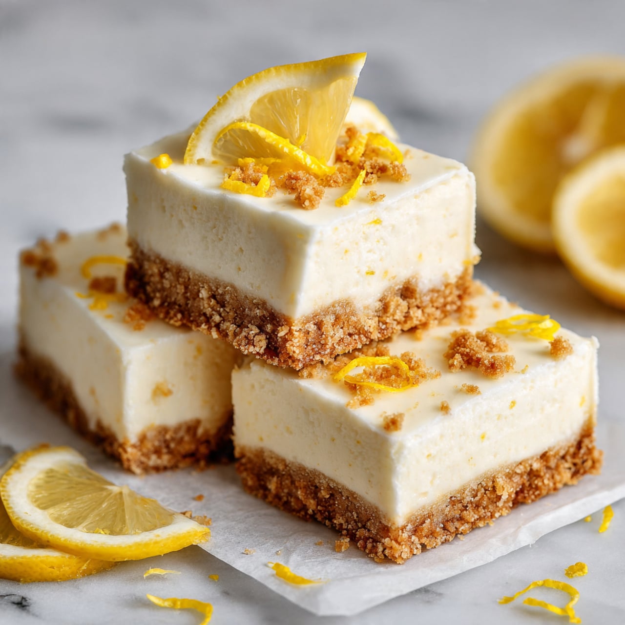 Three stacked square dessert bars are shown, each with two layers: a bottom light brown crumbly crust and a thick, smooth white cream layer on top. The top bar is decorated with a small yellow lemon wedge sitting on the cream, along with some scattered thin yellow lemon zest strands. The bars rest on white parchment paper placed on a white marbled surface. In the lower left corner, there are two slices of lemon leaning against the dessert stack. Photo taken with an iphone --ar 4:5 --v 7