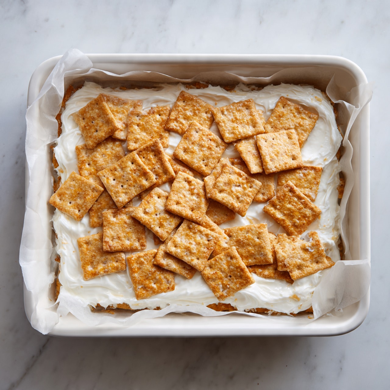 A white baking pan lined with white parchment paper holds a single layer of square golden brown crackers, mostly flat but some overlapping slightly on the left side. A thin, uneven layer of white creamy spread is gently smoothed over the crackers, creating soft, irregular patches of white against the cracker’s textured surface. The pan is set on a white marbled surface, giving a clean, bright background. photo taken with an iphone --ar 4:5 --v 7