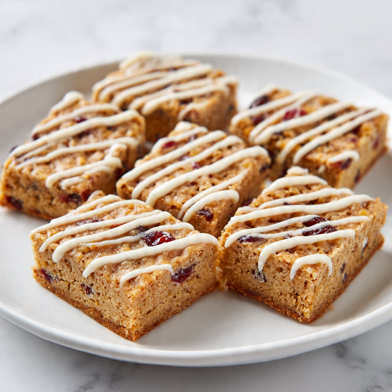 The image shows several square-shaped snack bars arranged in rows on a white plate. Each bar has a light beige, crumbly texture with visible dark red dried fruit pieces mixed throughout. The top of each bar is decorated with thin, wavy lines of white icing evenly drizzled across. The plate is placed on a white marbled surface, creating a clean and simple setting. photo taken with an iphone --ar 4:5 --v 7