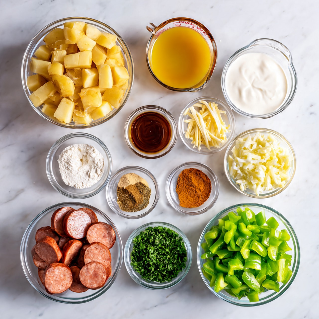 The image shows several small glass bowls with different ingredients arranged neatly on a white marbled surface. Starting at the top left, there is a bowl filled with pale yellow potato pieces. Moving right, there is a small measuring cup with mustard yellow chicken broth, and below it, another measuring cup holds white heavy cream. To the right of these are small bowls containing chopped white onion, pale yellow minced garlic, light yellow butter sticks, dark brown Worcestershire sauce, orange-brown Cajun seasoning, and white flour. At the bottom left, a bowl has slices of smoked sausage with a reddish-brown outer skin and pink inside. Next to it is a bowl filled with bright green chopped bell pepper, and to the right is a bowl with similarly sized light green chopped celery. Near the center right is a small bowl with finely chopped dark green parsley. All items are presented clearly, centered on a clean, white marbled texture. Photo taken with an iphone --ar 4:5 --v 7