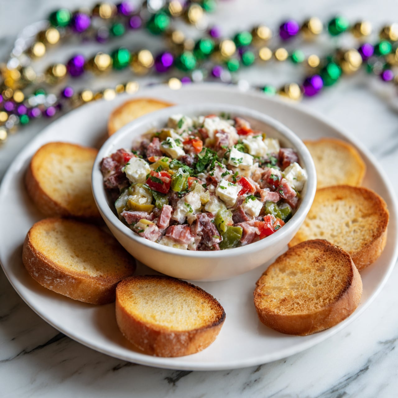 The image shows a white bowl filled with a colorful mix of diced ingredients including pink pieces of meat, white cheese cubes, small green pickles, and bits of orange carrot, all mixed together with some tiny green herbs scattered throughout. The bowl sits on a large white round plate with several toasted white bread slices arranged around the bowl's rim. One bread slice has a small pile of the diced mix placed on it, showing a close-up of the texture and colors. The setting includes a white marbled surface and a folded dark green napkin underneath the plate. Photo taken with an iphone --ar 4:5 --v 7