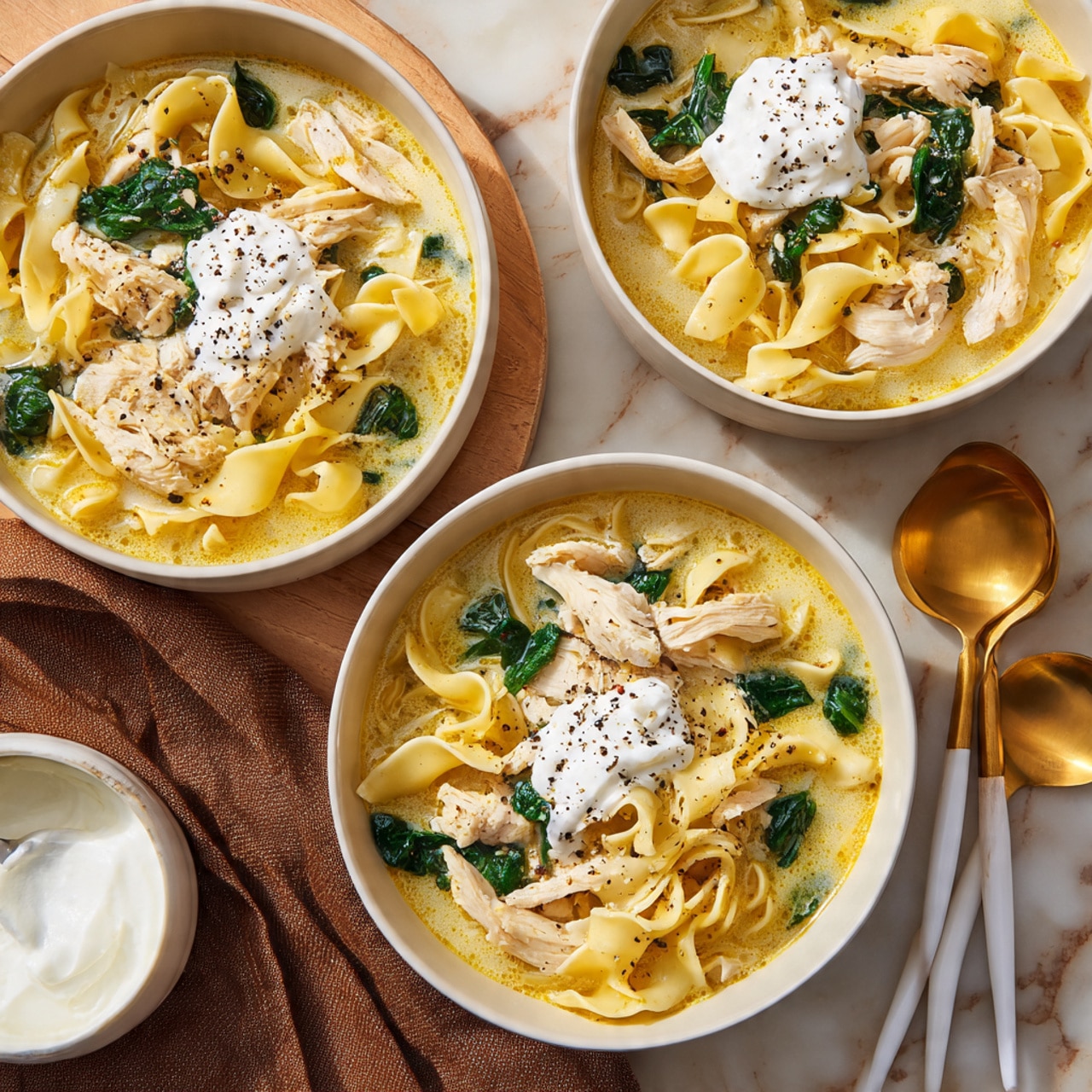 A white round pot with two handles filled with a creamy soup, showing three main layers: large yellowish pasta pieces with wavy edges on top, mixed with light green spinach leaves, and shredded pieces of cooked chicken scattered throughout a white creamy broth with tiny bubbles and bits of herbs or spices visible. The pot sits on a white marbled surface with soft natural light casting gentle shadows around the edges. The soup looks warm and inviting with a mix of smooth and textured elements photo taken with an iphone --ar 4:5 --v 7