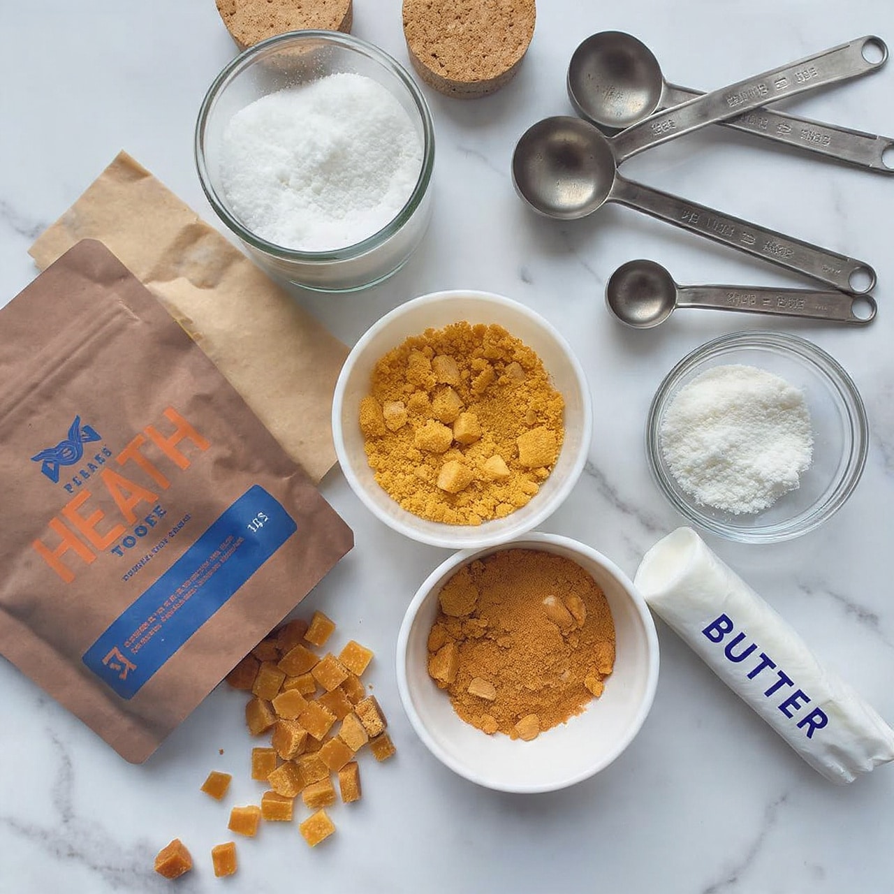 The image shows various ingredients arranged on a white marbled surface. On the left, an open brown package labeled