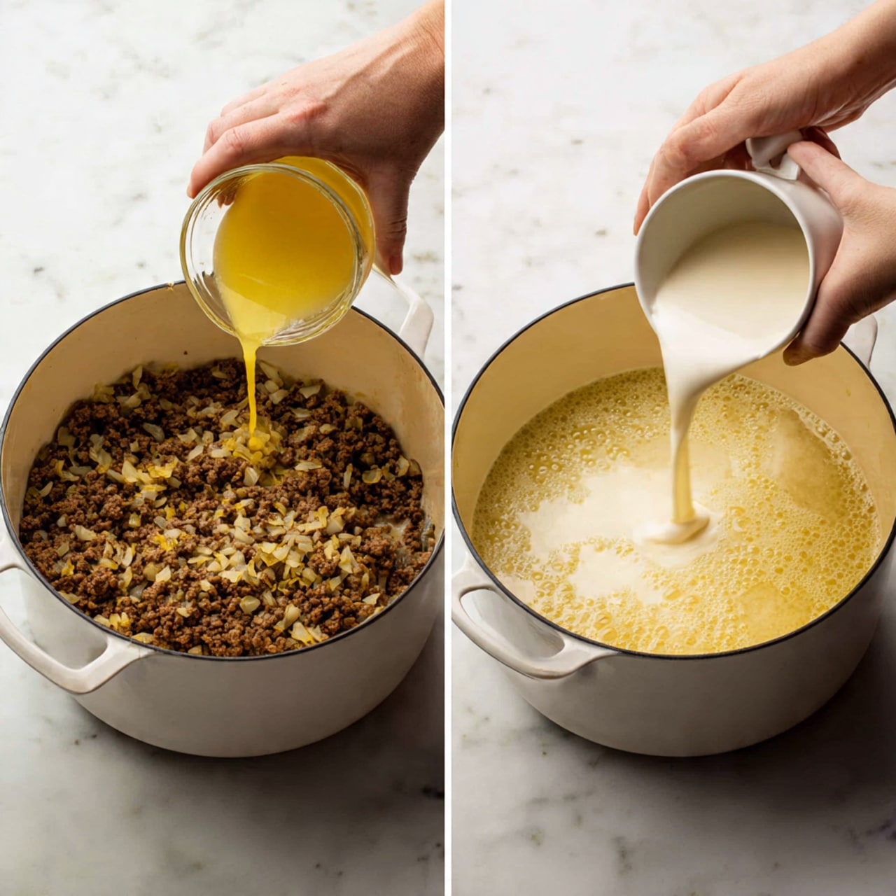 The image shows a two-part cooking scene inside a white pot on a white marbled surface. On the left, a woman's hand is pouring a clear yellow liquid into browned ground meat mixed with small pieces of onion, filling the pot with a mix of brown and yellow colors and a chunky, crumbly texture. On the right, a creamy white liquid is being poured by a woman's hand into the same mixture, now turning mostly yellowish with some bubbles, covering the ground meat beneath a smooth liquid layer. Photo taken with an iphone --ar 4:5 --v 7