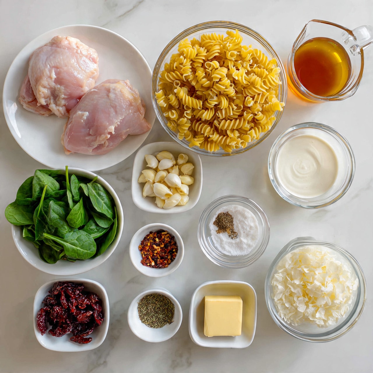 The image shows a white round plate with two raw chicken pieces, light pink in color and smooth in texture, placed at the top left. Below it, there is a clear glass bowl filled with yellow curly pasta. Above and to the right of the chicken, a glass measuring cup contains amber-colored chicken broth. To the right of this, a glass measuring cup holds white cream with a smooth texture. Below the cream, a small glass bowl has dark red dried tomato pieces. To its left, a white bowl with fresh green spinach leaves. At the bottom center, two small white bowls, one with white corn starch powder and one with black pepper and salt. To the left of these, a small glass bowl contains minced garlic with a pale yellow color. Next to the garlic is a small white bowl with Italian seasoning, showing dark green and reddish flakes. Above the garlic, a small bowl filled with chopped white onions. To the right of the dried tomatoes, a small clear bowl holds a pale yellow square of butter. Near the butter, a tiny glass bowl contains dark red chili flakes. The whole scene is set on a white marbled surface. photo taken with an iphone --ar 4:5 --v 7