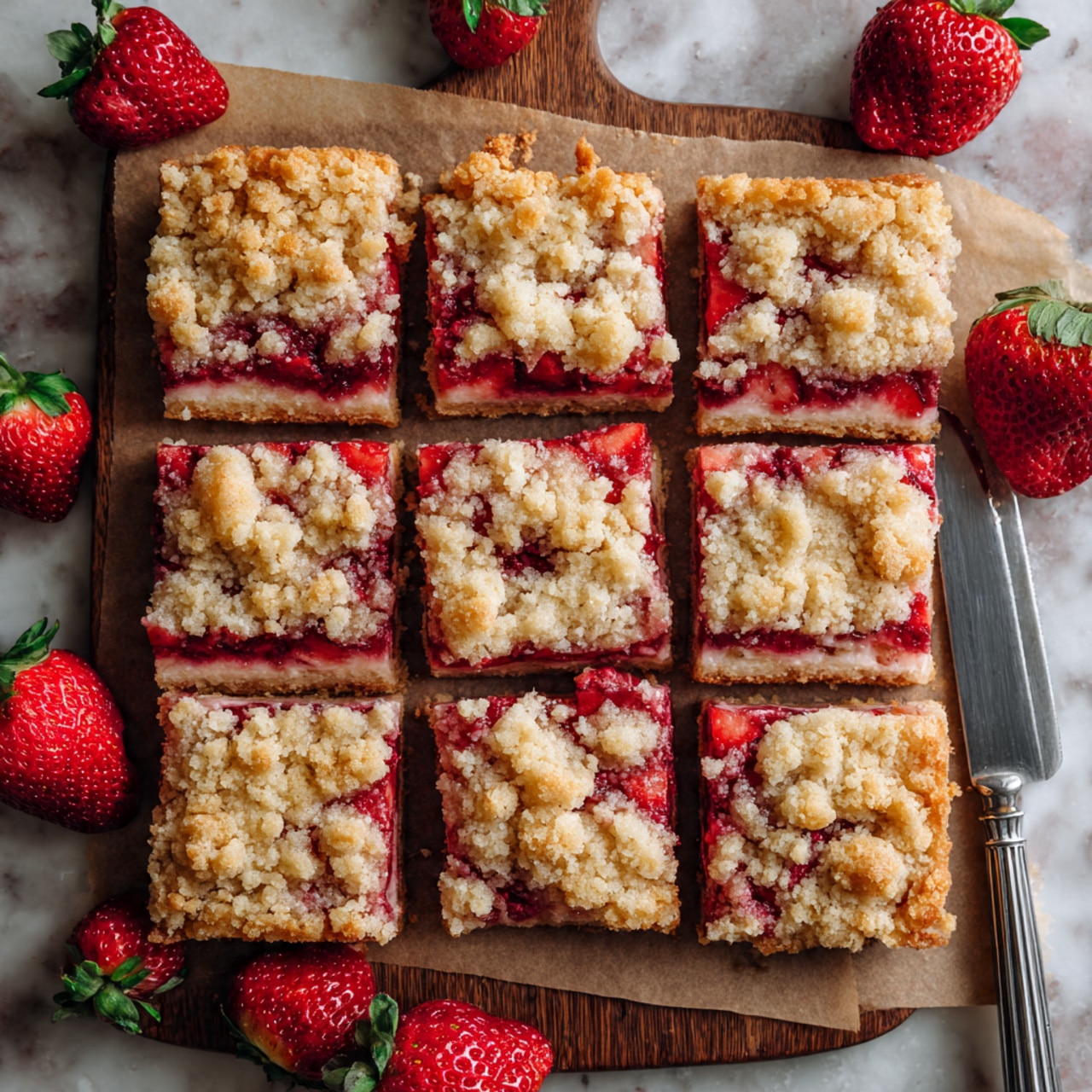 The image shows square pieces of strawberry crumble bars on a white marbled surface. Each bar has three visible layers: a light golden brown crust at the bottom, a bright red and juicy strawberry filling layer in the middle with chunks of strawberries, and a crumbly, uneven topping with golden brown baked bits scattered on top. Whole strawberries with green leaves are placed between the bars, adding a fresh red color contrast. The texture of the crumble on top is rough and chunky, making the bars look soft and fresh. Photo taken with an iphone --ar 4:5 --v 7