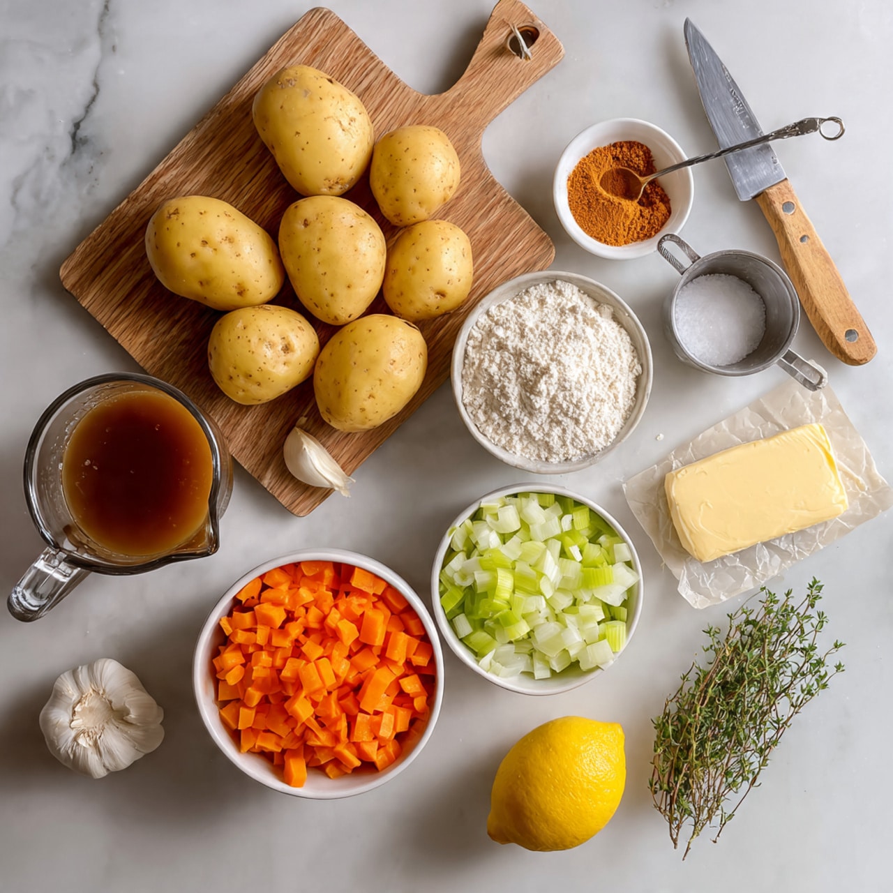 The image shows various cooking ingredients arranged on a white marbled surface. At the top left, there is a wooden cutting board holding six yellow potatoes and a knife with a light wooden handle. Above the potatoes, a small white bowl contains a reddish-brown powdered spice with a measuring spoon resting inside. Next to it is a silver measuring cup filled with white flour. Below the board, there is a round white bowl divided into three sections with finely diced orange carrots on the left, pale green sliced celery on the top right, and chopped white onions on the bottom right. To the left of the bowl, a glass measuring cup is filled with dark brown broth, and in front of it is another glass measuring cup holding cream or milk. A sprig of fresh thyme lies near the bottom left corner. On the right side of the image, a paper wrapper holds yellow butter with a silver butter knife placed on top. A bright yellow lemon and three garlic cloves sit between the cutting board and the butter. photo taken with an iphone --ar 4:5 --v 7