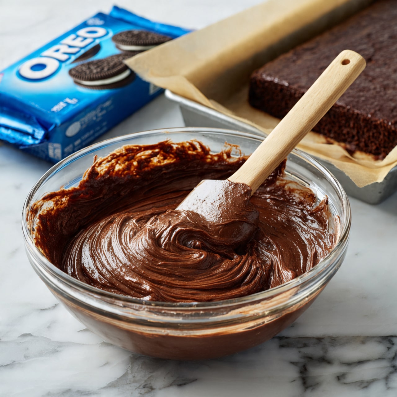 A clear glass bowl filled with thick, creamy chocolate batter that has a smooth and slightly glossy texture. A wooden spatula is resting inside the bowl, partially covered with the chocolate mixture. The bowl sits on a white marbled surface, and in the background, there is a blue pack of Oreo cookies standing upright and a rectangular pan lined with parchment paper containing a dark brown layer of baked chocolate cake. Photo taken with an iphone --ar 4:5 --v 7